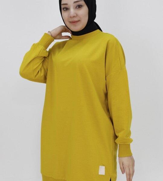 30644 Puane Iki Iplik Kumaş Basic Tunik Sweatshirt-YAĞ YEŞİLİ