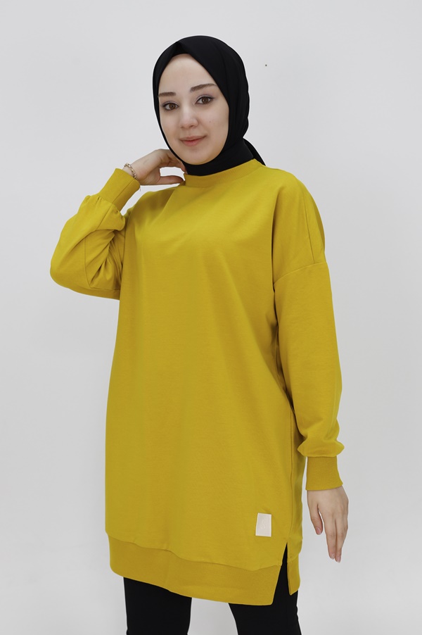 30644 Puane Iki Iplik Kumaş Basic Tunik Sweatshirt-YAĞ YEŞİLİ