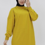 30644 Puane Iki Iplik Kumaş Basic Tunik Sweatshirt-YAĞ YEŞİLİ