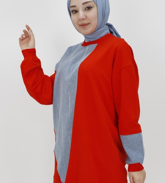 3188 Kot Garnili ve Taş Şeritli İki İplik Sweatshirt-ORANJ