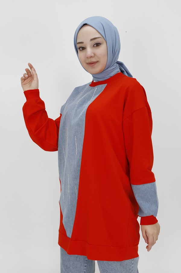 3188 Kot Garnili ve Taş Şeritli İki İplik Sweatshirt-ORANJ