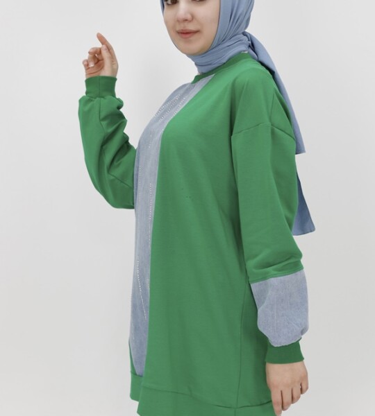 3188 Kot Garnili ve Taş Şeritli İki İplik Sweatshirt-YEŞİL