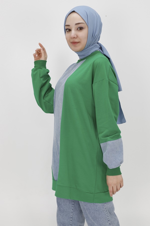 3188 Kot Garnili ve Taş Şeritli İki İplik Sweatshirt-YEŞİL