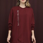 10735 Puane 2 İp Kumaş Fermuar Detaylı Sweatshirt-BORDO