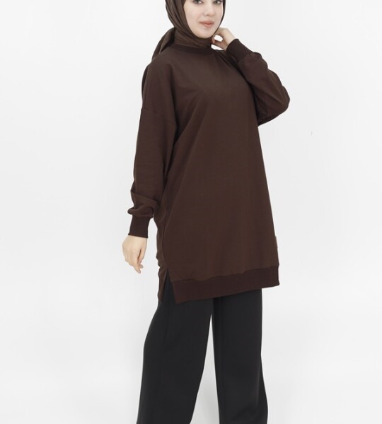 30644 Puane 2 İplik Kumaş Basic Sweatshirt-Kahve