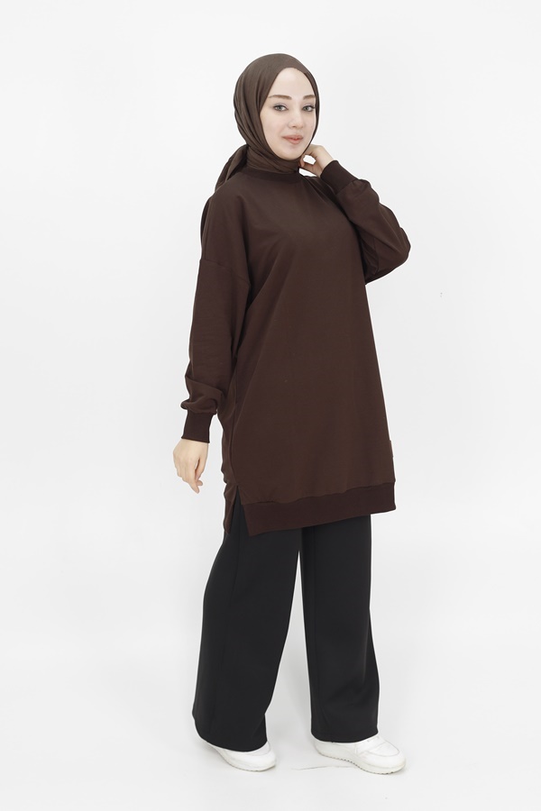 30644 Puane 2 İplik Kumaş Basic Sweatshirt-Kahve