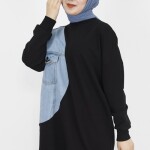 10371 Puane Kot Garnili 2 İp Kumaş Sweatshirt-SİYAH