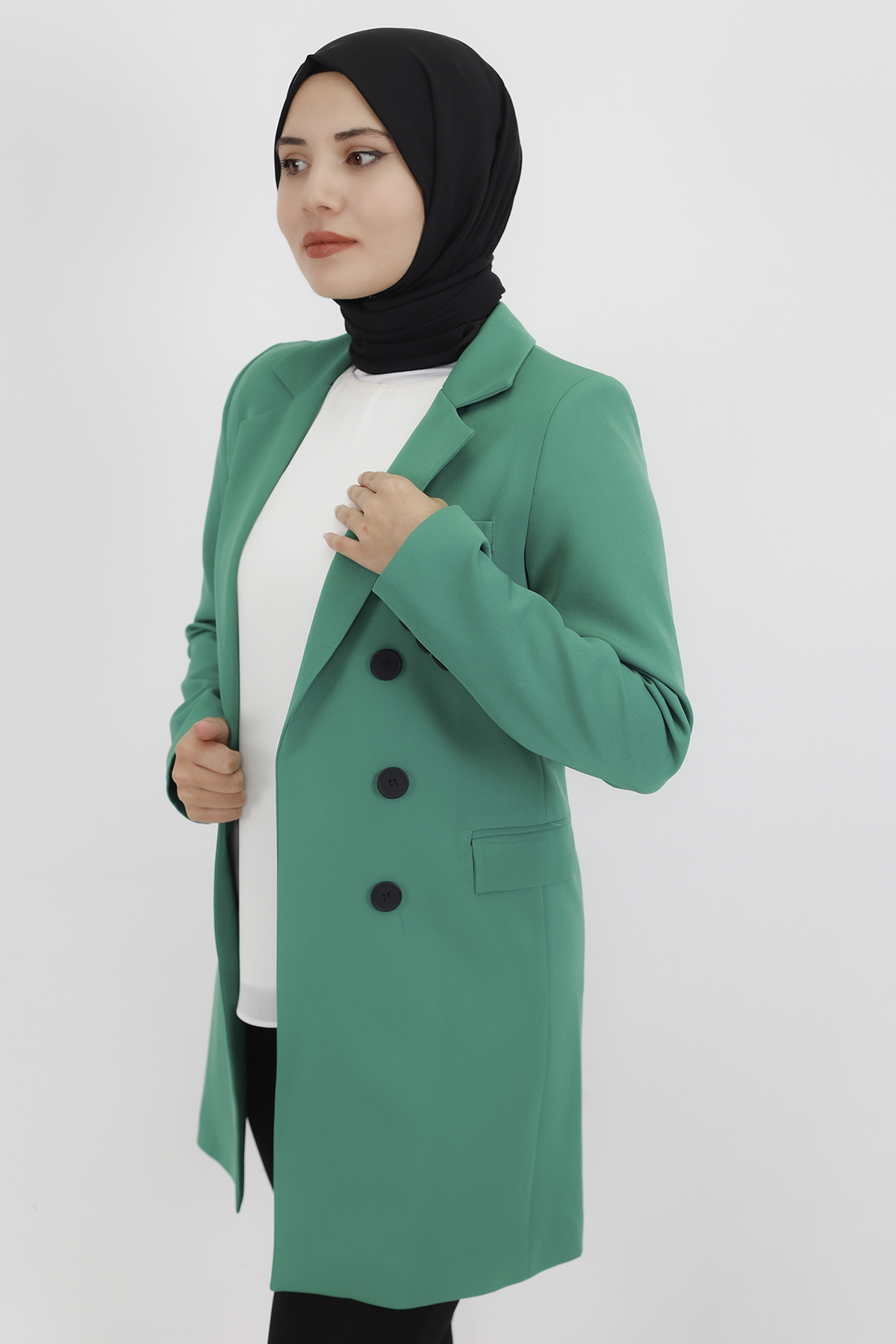 62203 Kruvaze Yaka Düğme Detaylı Blazer Ceket