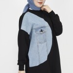 10371 Puane Kot Garnili 2 İp Kumaş Sweatshirt-SİYAH