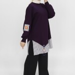 10392 Puane Gömlek Garnili 2 İp Kumaş Sweatshirt-Mor