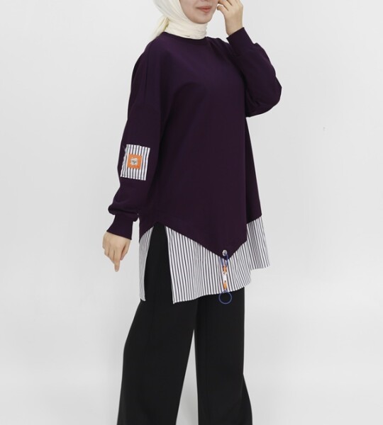 10392 Puane Gömlek Garnili 2 İp Kumaş Sweatshirt-Mor