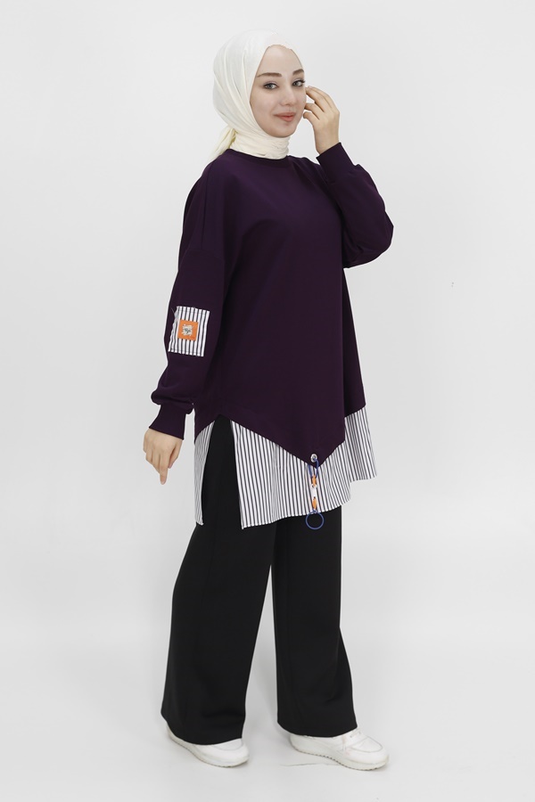 10392 Puane Gömlek Garnili 2 İp Kumaş Sweatshirt-Mor