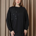 10739 Puane 2 İp Kumaş Taş ve Nakışlı Detaylı Sweatshirt-SİYAH