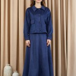 14397 Puane Süet Kumaş Düğmeli Etekli Takım-LACİVERT