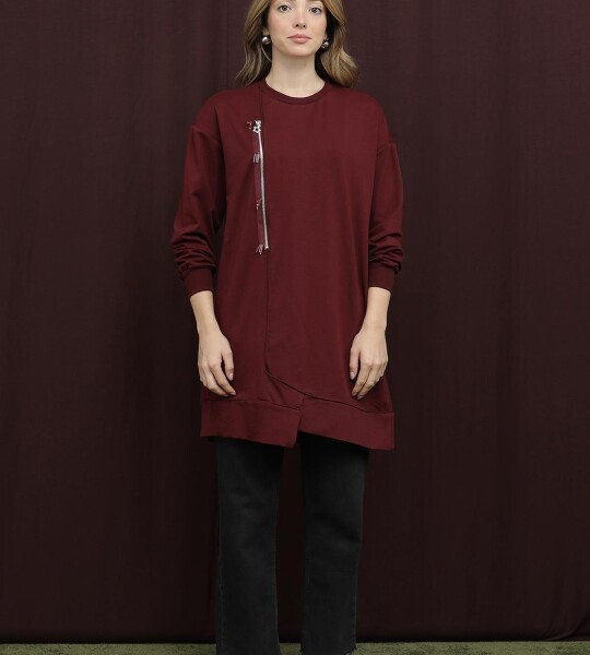 10735 Puane 2 İp Kumaş Fermuar Detaylı Sweatshirt-BORDO