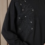 10739 Puane 2 İp Kumaş Taş ve Nakışlı Detaylı Sweatshirt-SİYAH