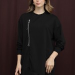 10735 Puane 2 İp Kumaş Fermuar Detaylı Sweatshirt-SİYAH