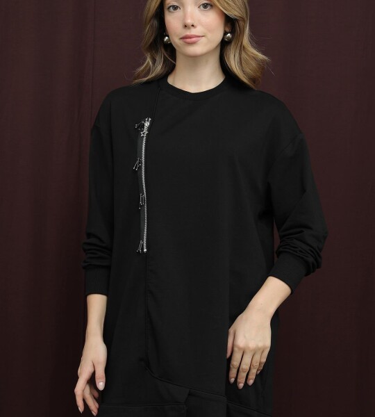 10735 Puane 2 İp Kumaş Fermuar Detaylı Sweatshirt-SİYAH