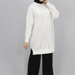 10348 Puane Taş Detaylı 2 İp Kumaş Sweatshirt-Ekru