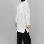 10348 Puane Taş Detaylı 2 İp Kumaş Sweatshirt-Ekru