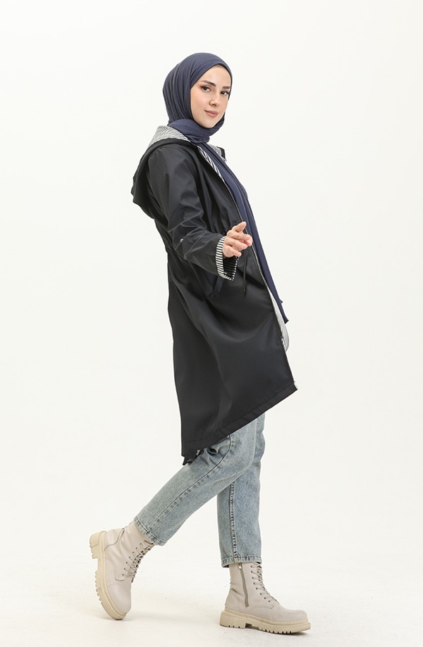 9001 Bondit Kumaş Uzun Boy Trençkot-Lacivert