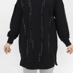 10348 Puane Taş Detaylı 2 İp Kumaş Sweatshirt-Siyah