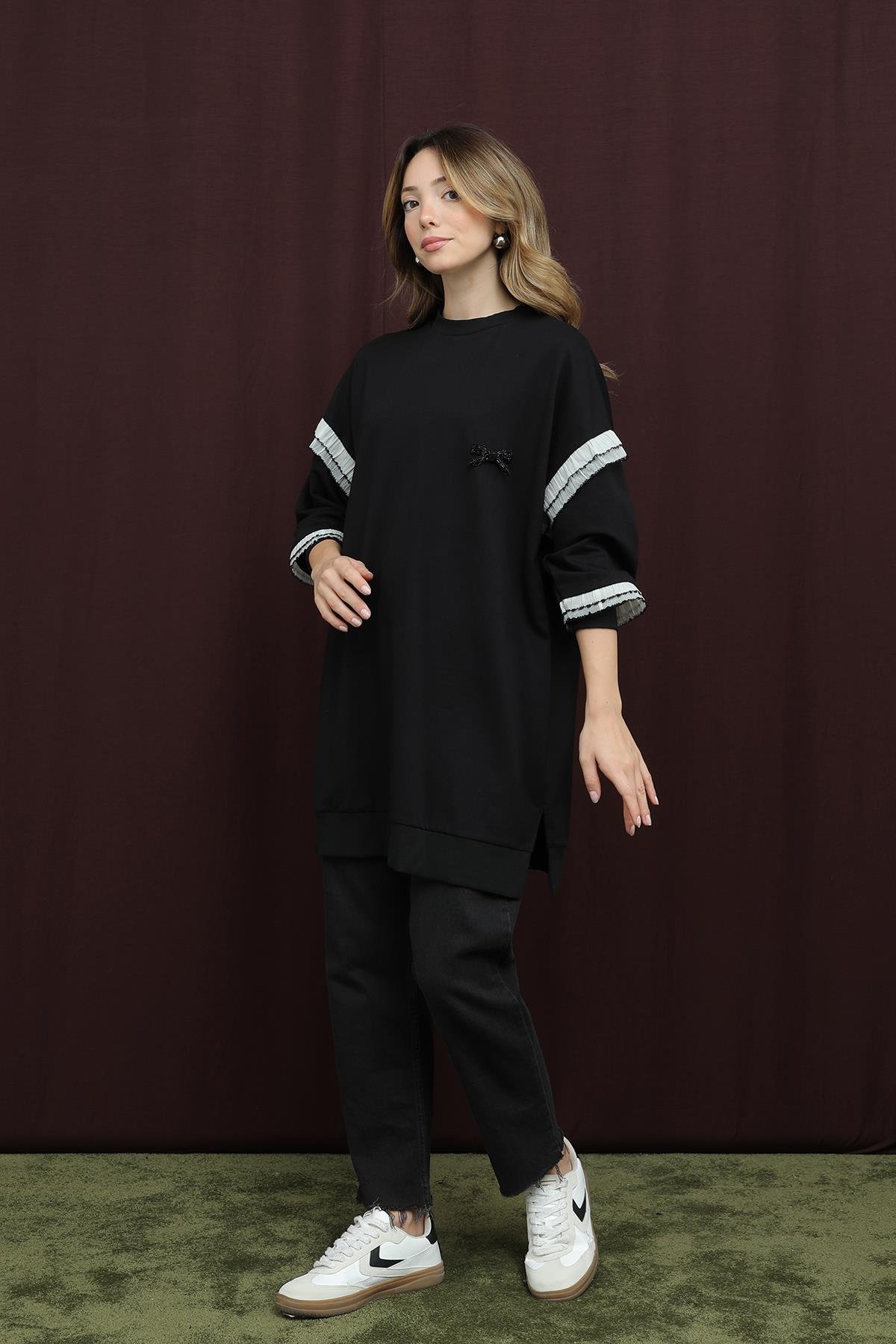 10718 Puane 2 İp Kumaş Fırfır Detaylı Sweatshirt-SİYAH