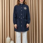 10741 Puane Taş Detaylı Paraşüt Kumaş Trenç Gömlek-LACİVERT