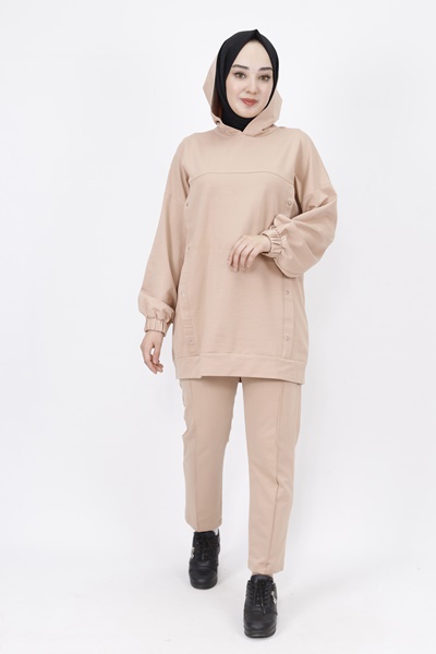 6973 Yıldız Detaylı Kapişonlu 2 Li Takım-BEJ