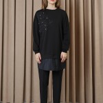 10739 Puane 2 İp Kumaş Taş ve Nakışlı Detaylı Sweatshirt-SİYAH