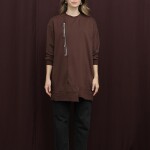 10735 Puane 2 İp Kumaş Fermuar Detaylı Sweatshirt-KAHVE