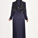 1314 DOUBLE KUMAŞ ETEĞİ PİLİSE DETAYLI KRUVAZE YAKA TESETTÜR ELBİSE-LACİVERT