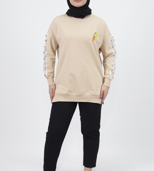 23009 Kolları Nakış Detaylı 2 İplik Sweatshirt