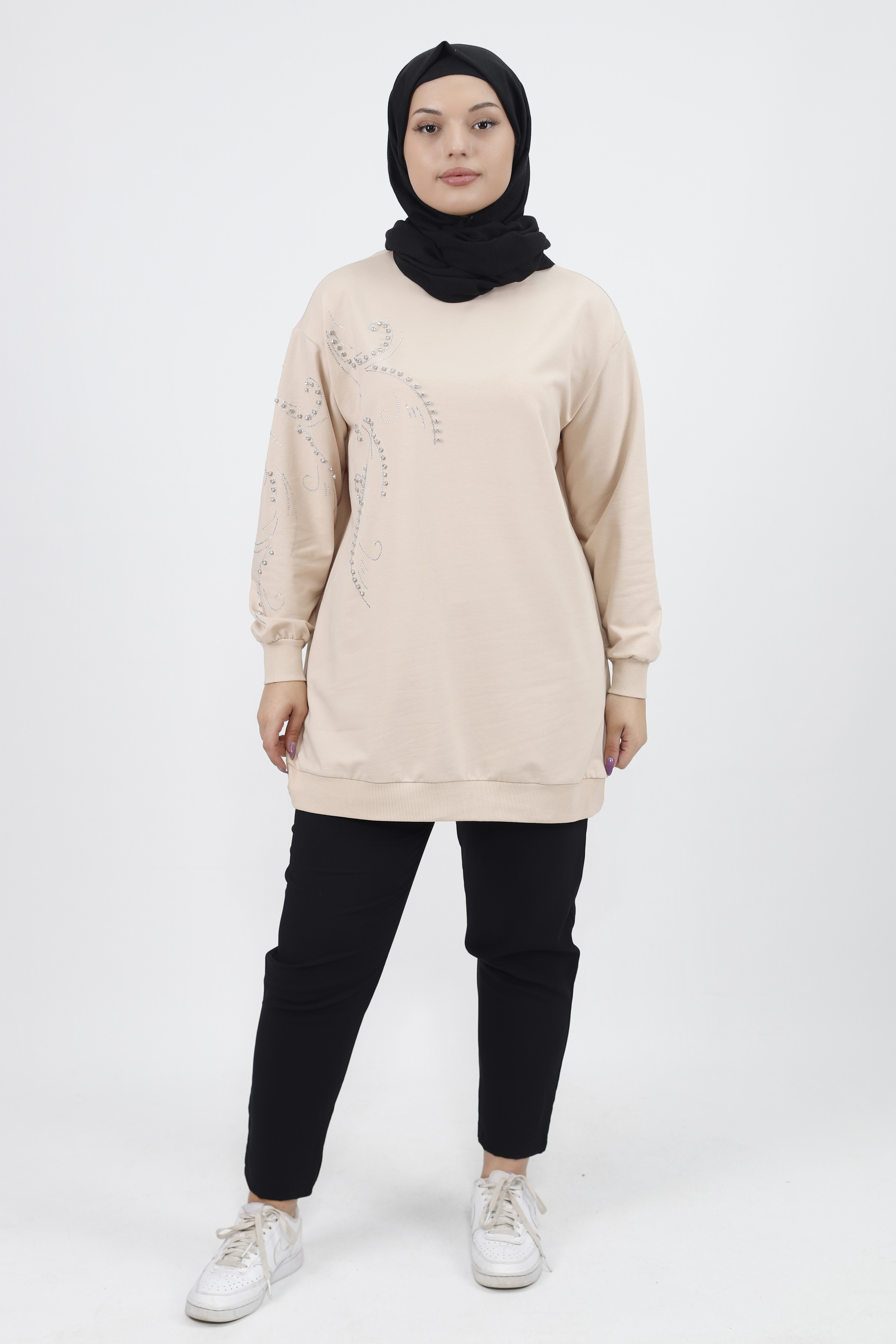 2075 Taş Detaylı 2 İplik Kumaş Sweatshirt