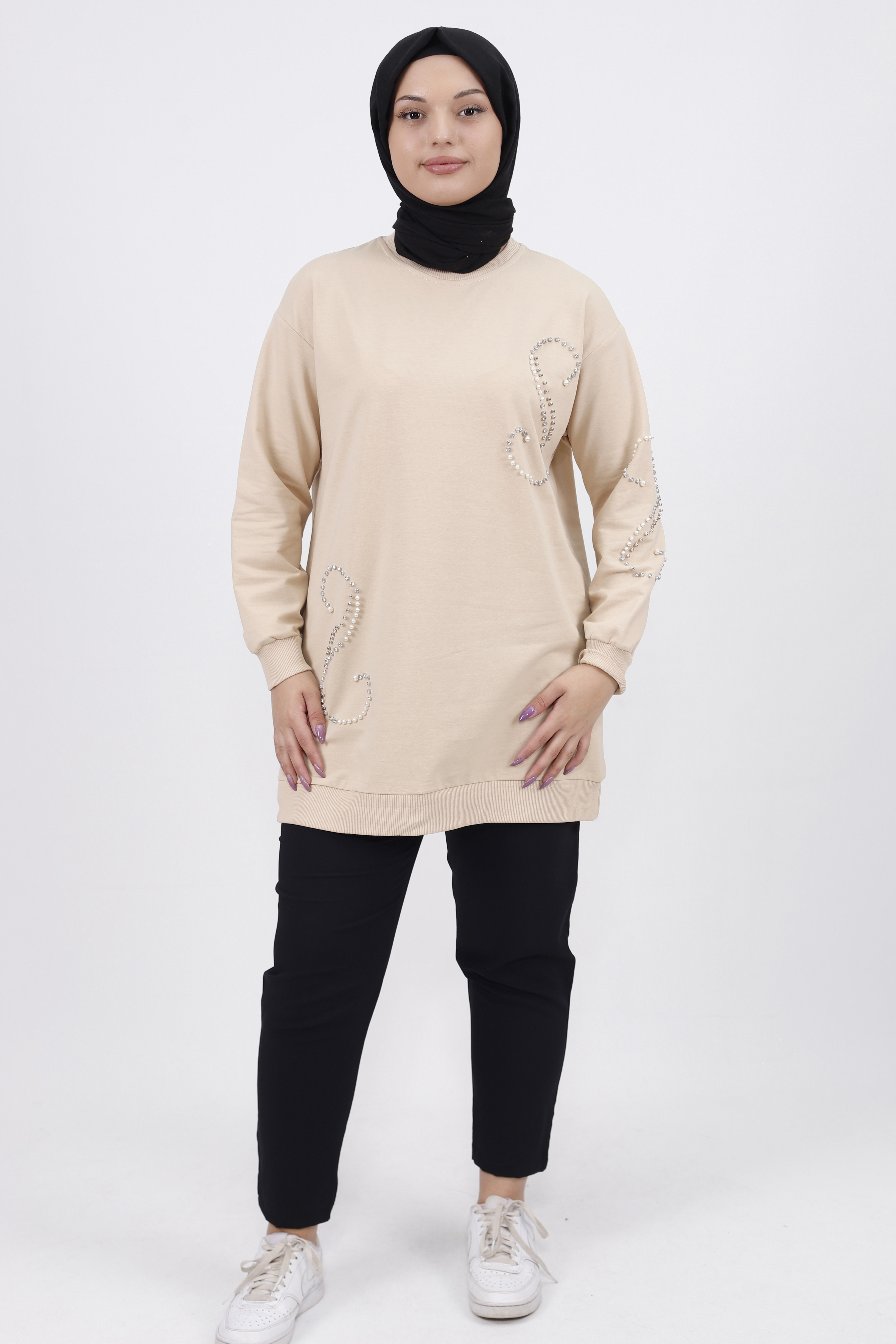 2081 İnci Taş Detaylı 2 İplik Kumaş Sweatshirt