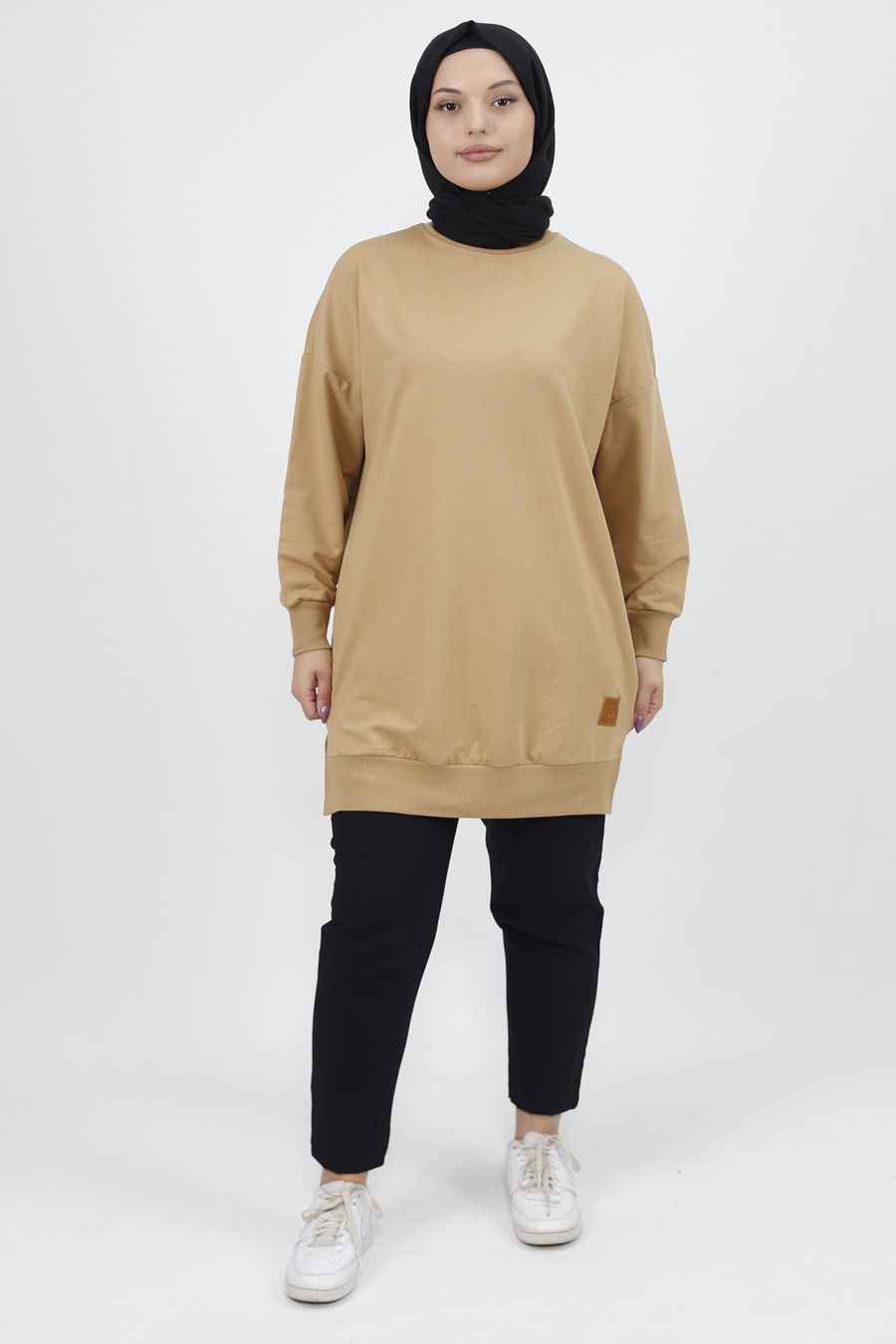 30644 Puane 2 İplik Kumaş Basic Sweatshirt-camel