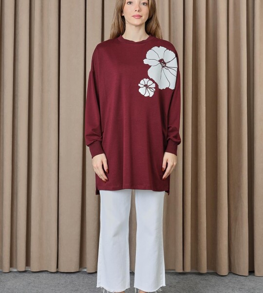 10743 Puane 2 İp Kumaş Taş ve Baskılı Detaylı Sweatshirt-BORDO