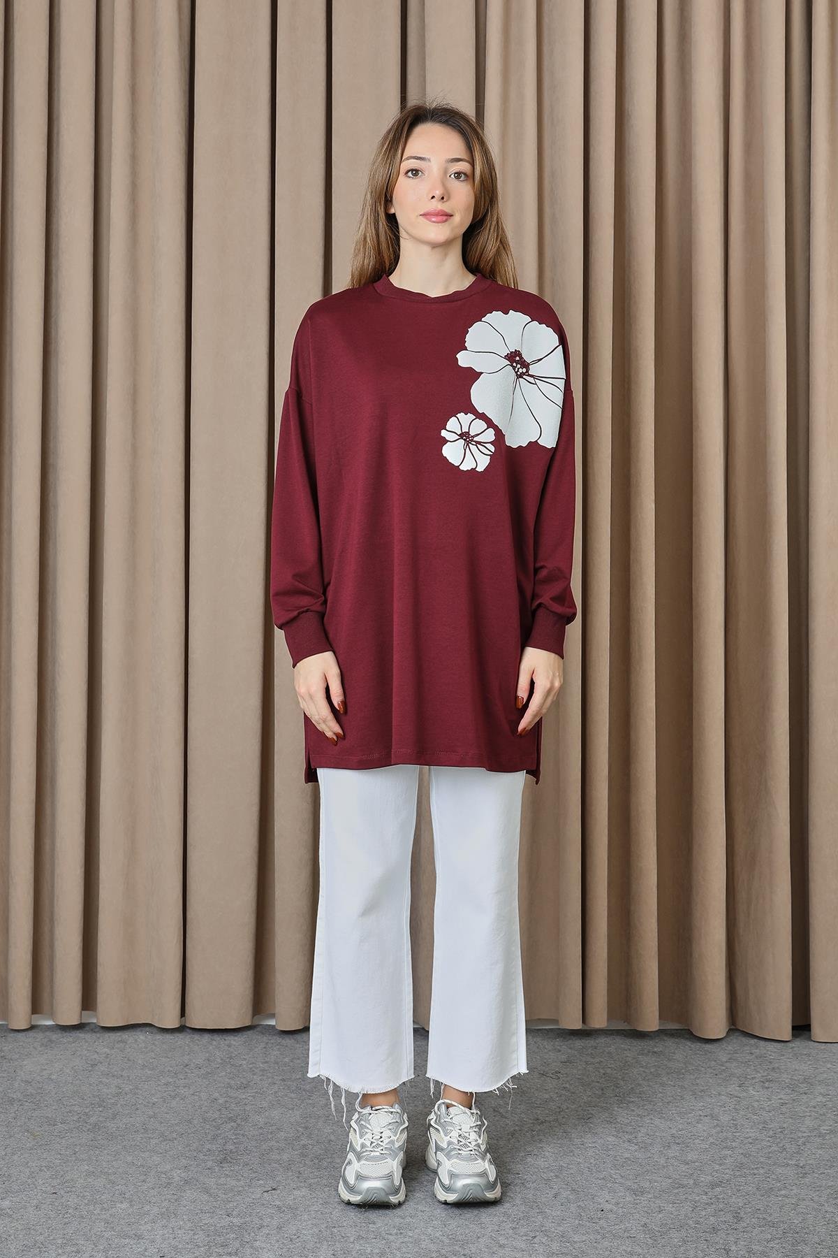 10743 Puane 2 İp Kumaş Taş ve Baskılı Detaylı Sweatshirt-BORDO