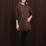 10735 Puane 2 İp Kumaş Fermuar Detaylı Sweatshirt-KAHVE