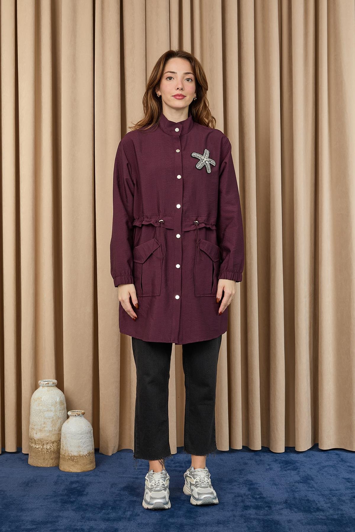 10741 Puane Taş Detaylı Paraşüt Kumaş Trenç Gömlek-MOR