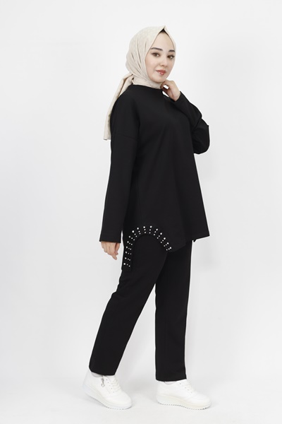 6990 Yanı Taş Detaylı 2 Li Takım-SİYAH