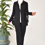 107 Lina Kumaş Keten Görünümlü Beli Büzgü Detaylı Üç Parça Tesettür Takım-SİYAH