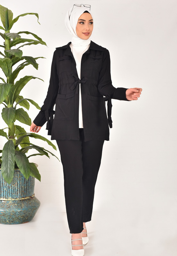 107 Lina Kumaş Keten Görünümlü Beli Büzgü Detaylı Üç Parça Tesettür Takım-SİYAH