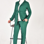 107 Lina Kumaş Keten Görünümlü Beli Büzgü Detaylı Üç Parça Tesettür Takım-YEŞİL