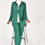 107 Lina Kumaş Keten Görünümlü Beli Büzgü Detaylı Üç Parça Tesettür Takım-YEŞİL