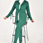 107 Lina Kumaş Keten Görünümlü Beli Büzgü Detaylı Üç Parça Tesettür Takım-YEŞİL