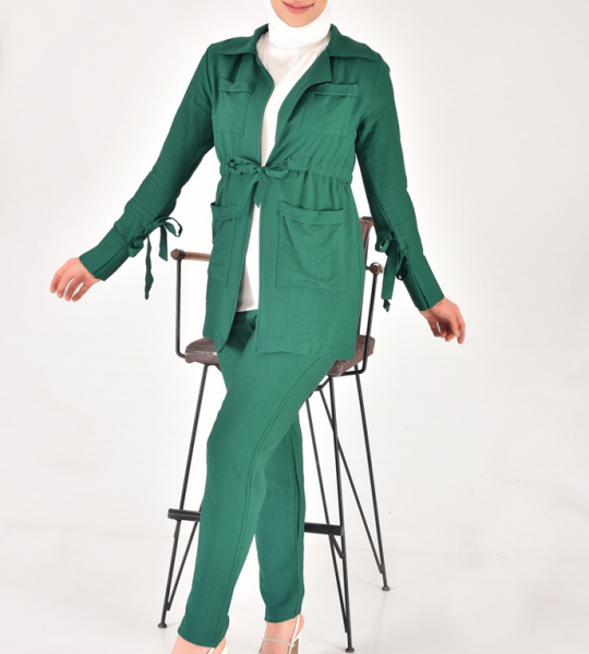 107 Lina Kumaş Keten Görünümlü Beli Büzgü Detaylı Üç Parça Tesettür Takım-YEŞİL