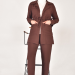 107 Lina Kumaş Keten Görünümlü Beli Büzgü Detaylı Üç Parça Tesettür Takım-KAHVERENGİ