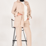 107 Lina Kumaş Keten Görünümlü Beli Büzgü Detaylı Üç Parça Tesettür Takım-TAŞ