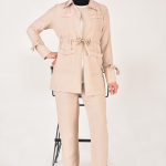 107 Lina Kumaş Keten Görünümlü Beli Büzgü Detaylı Üç Parça Tesettür Takım-TAŞ